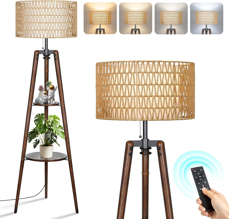Wood Tripod Floor Lamp with Rattan Linen Double