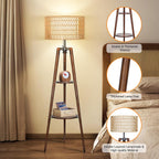 Wood Tripod Floor Lamp with Rattan Linen Double