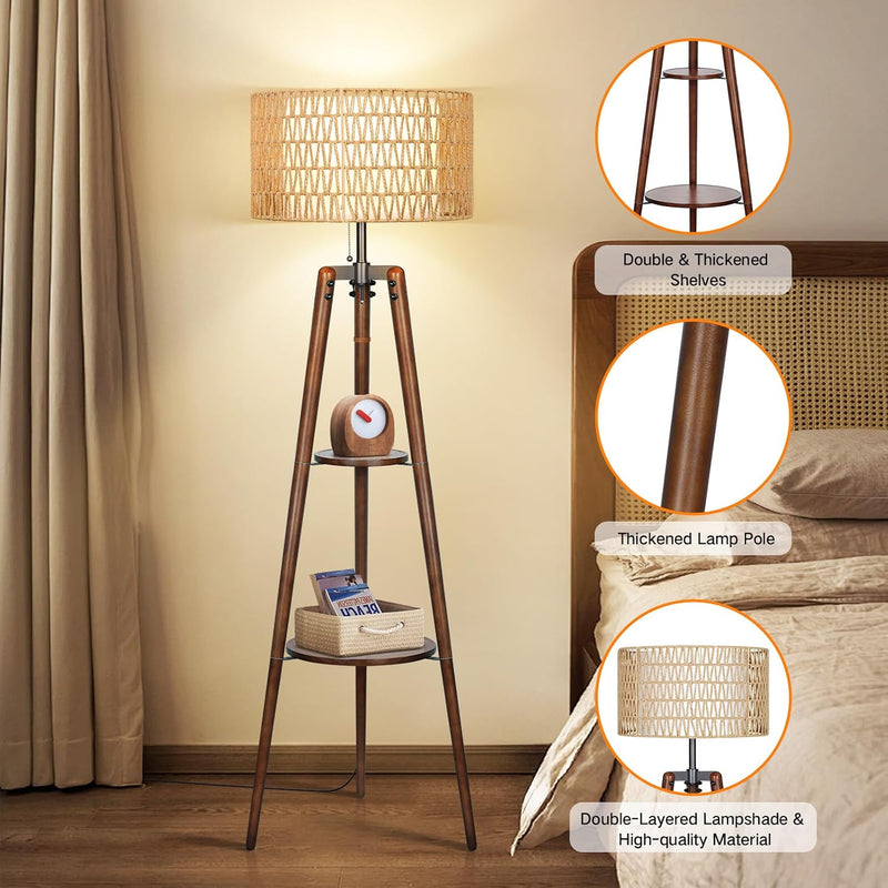 Wood Tripod Floor Lamp with Rattan Linen Double