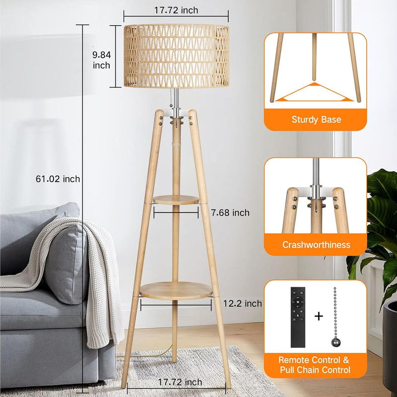 Wood Tripod Floor Lamp with Rattan Linen Double
