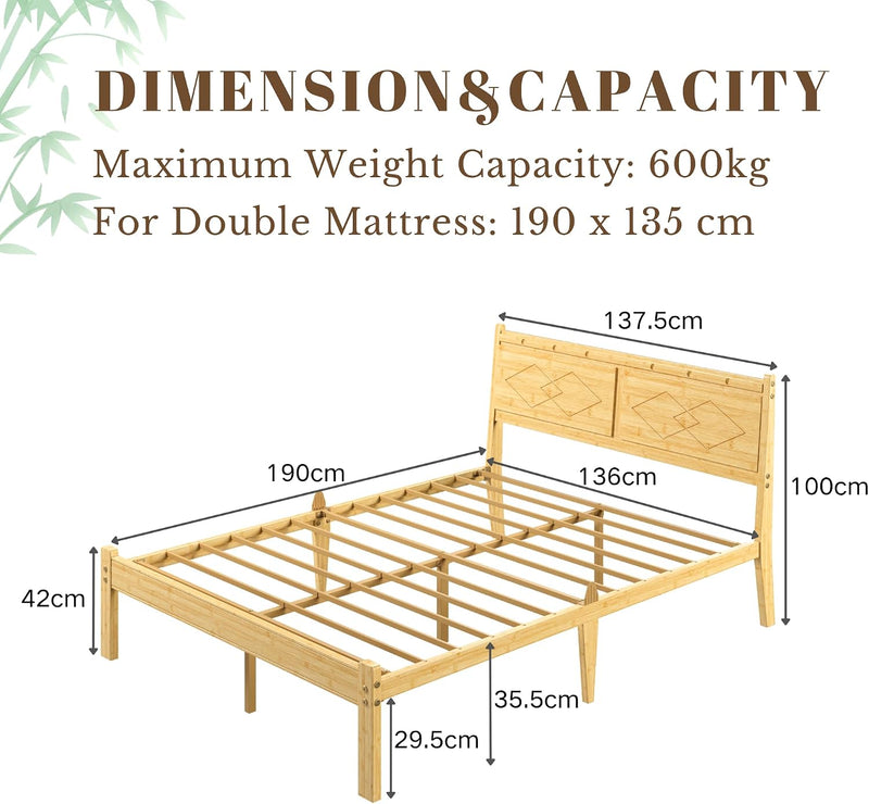 Wooden Bed Frame with Headboard Bamboo Wood Frames