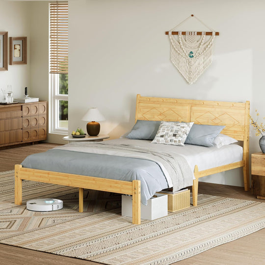 Wooden Bed Frame with Headboard Bamboo Wood Frames