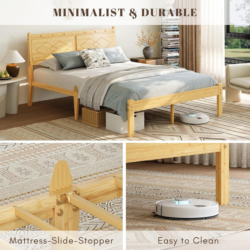 Wooden Bed Frame with Headboard Bamboo Wood Frames