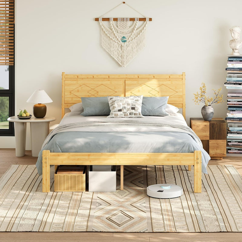 Wooden Bed Frame with Headboard Bamboo Wood Frames