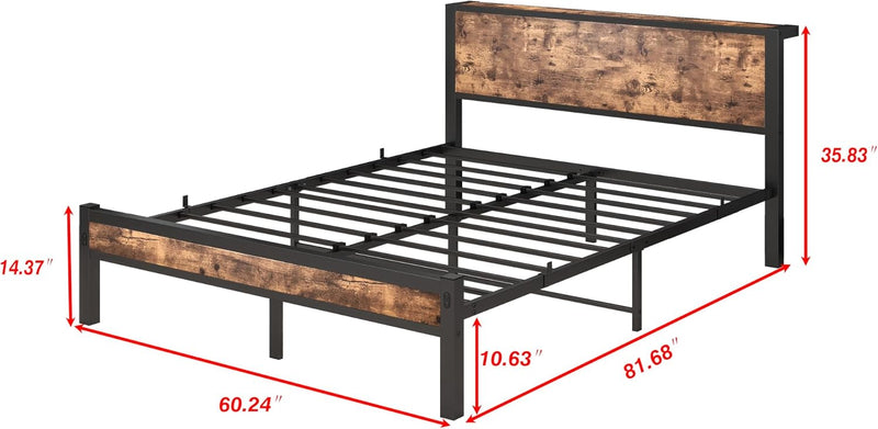 Rustic Bed Frame Wooden Storage Headboard