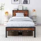 Wooden Bed Frame with Storage Headboard Shelf 3FT