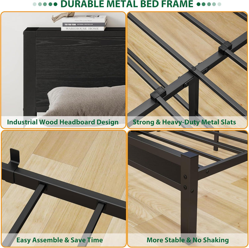 Rustic Bed Frame Wooden Storage Headboard