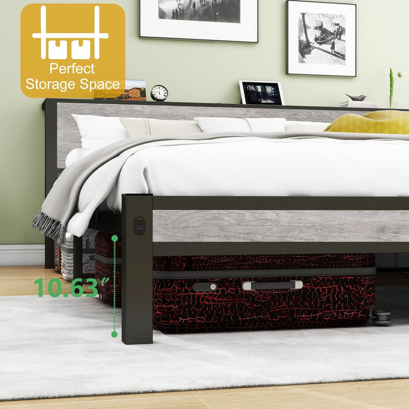 Rustic Bed Frame Wooden Storage Headboard