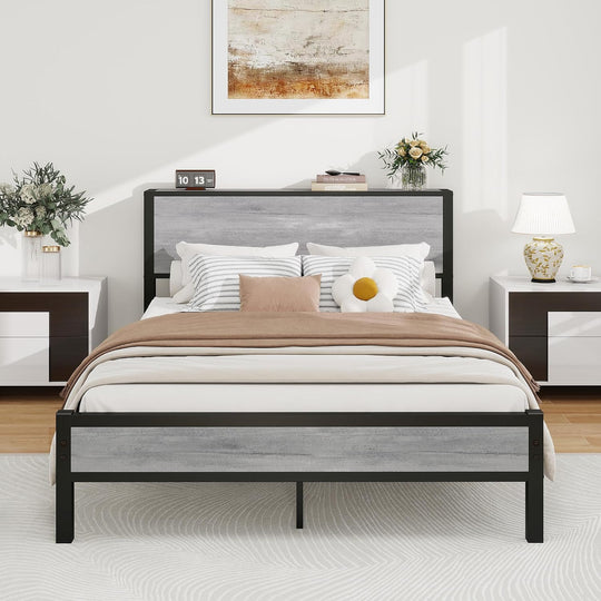 Rustic Bed Frame Wooden Storage Headboard