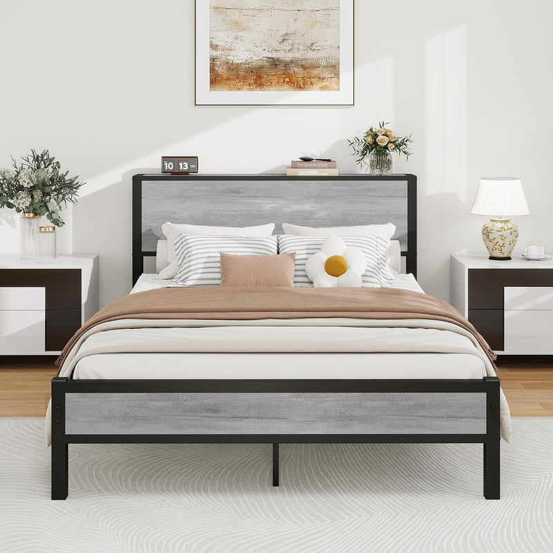 Rustic Bed Frame Wooden Storage Headboard