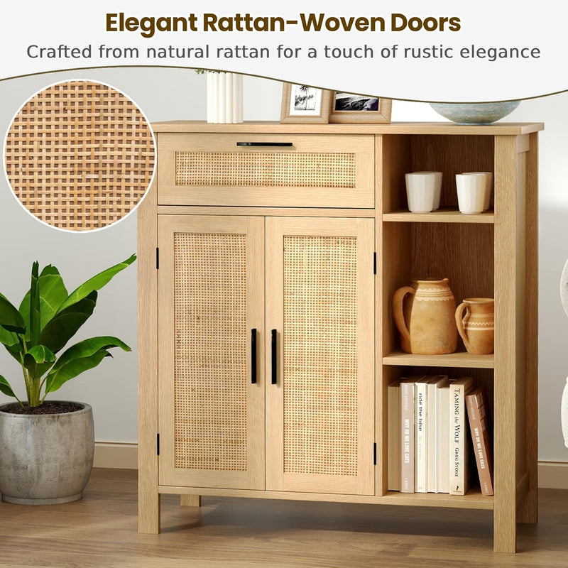 Wooden Buffet Sideboard Boho Storage Cabinet with 2