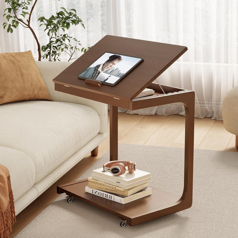 Wooden C-Shaped End Table Couch with Adjustable Desktop