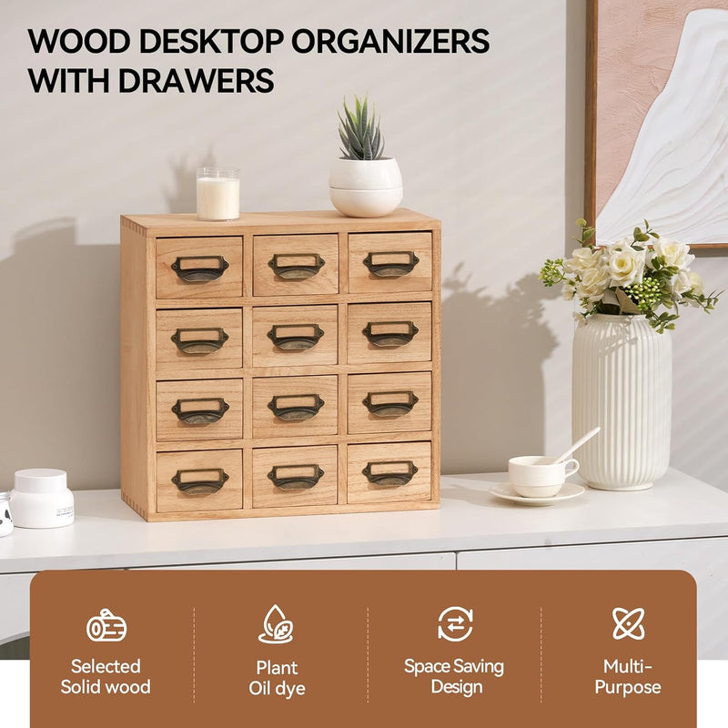 Wooden Desktop Organiser with 12 Drawers Paulownia Wood