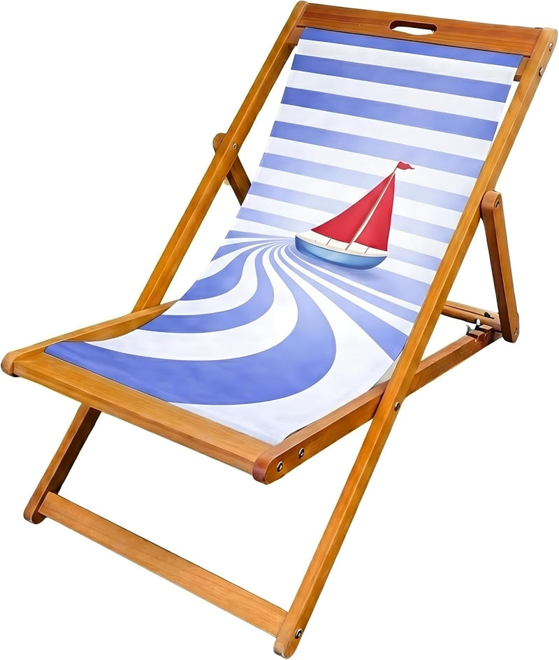 Wooden Folding Deck Chair with Fabric Sling Adjustable