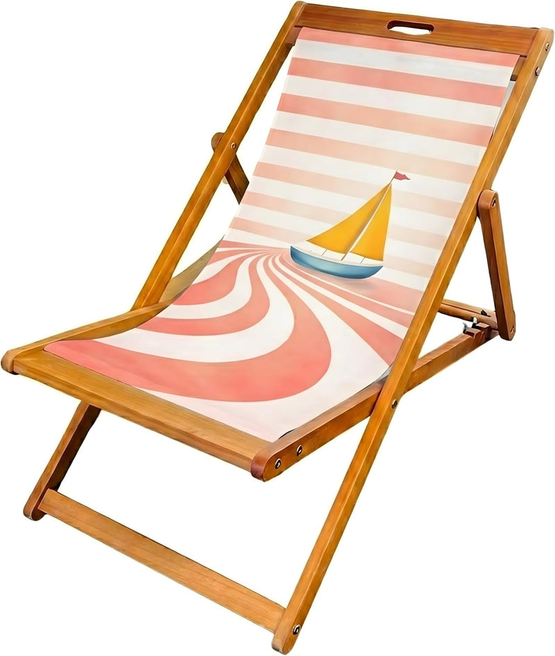 Wooden Folding Deck Chair with Fabric Sling Adjustable