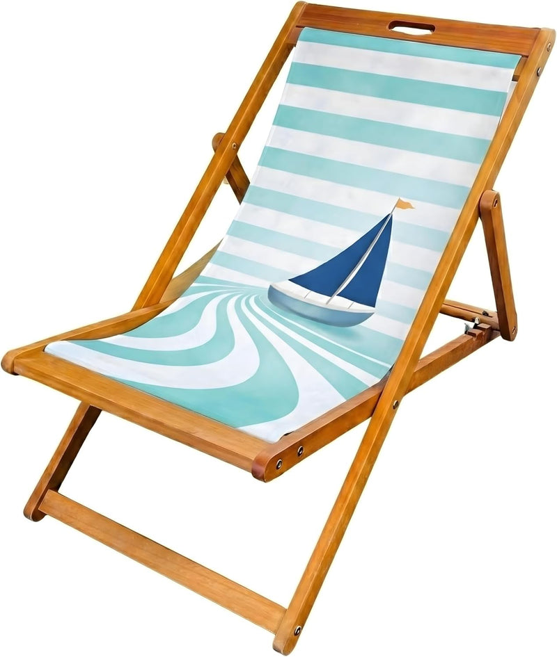 Wooden Folding Deck Chair with Fabric Sling Adjustable