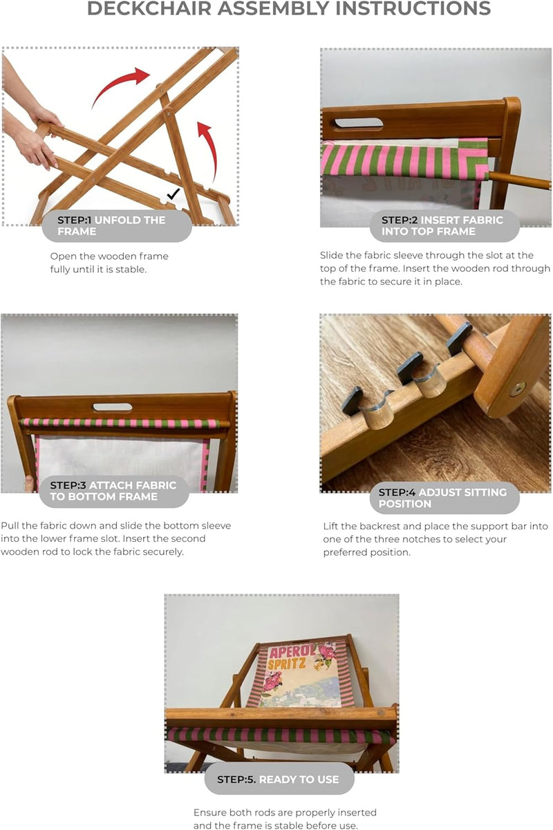 Wooden Folding Deck Chair with Fabric Sling Adjustable
