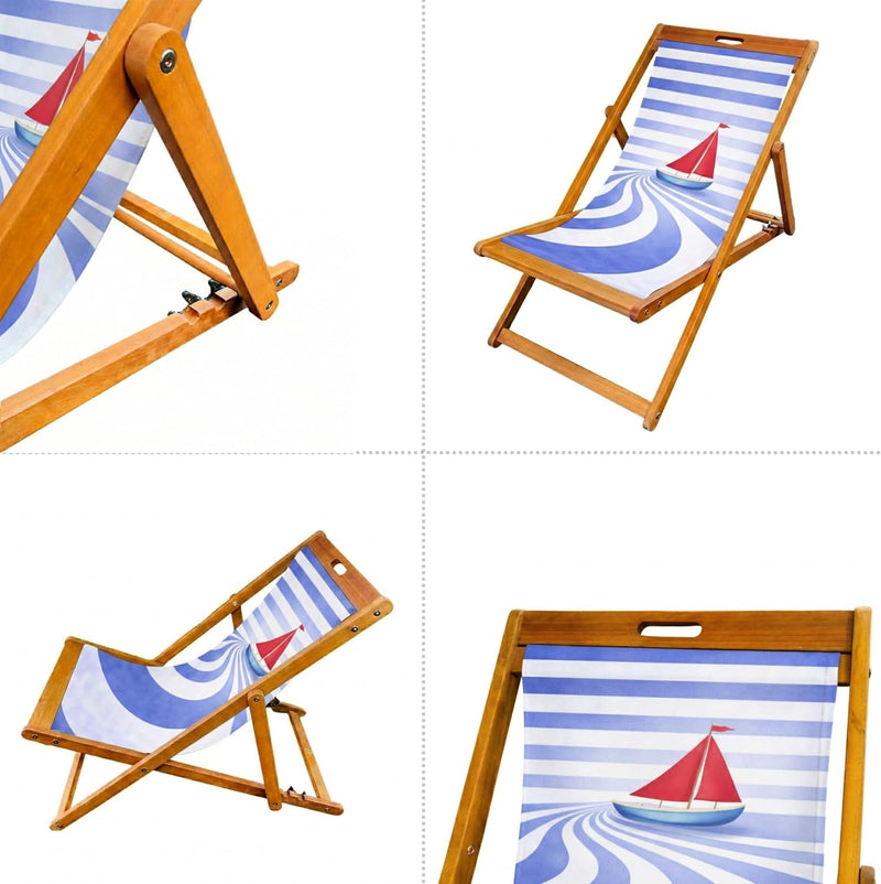 Wooden Folding Deck Chair with Fabric Sling Adjustable