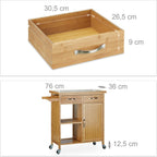 Wooden Kitchen Cart Bamboo 4 Wheels Marble Tabletop