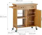 Wooden Kitchen Cart Bamboo 4 Wheels Marble Tabletop