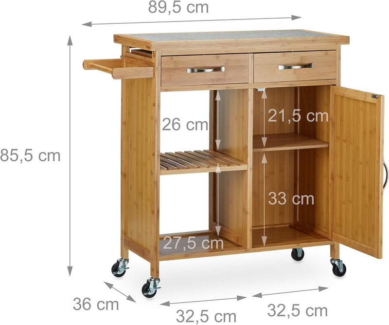Wooden Kitchen Cart Bamboo 4 Wheels Marble Tabletop