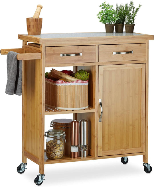 Wooden Kitchen Cart Bamboo 4 Wheels Marble Tabletop