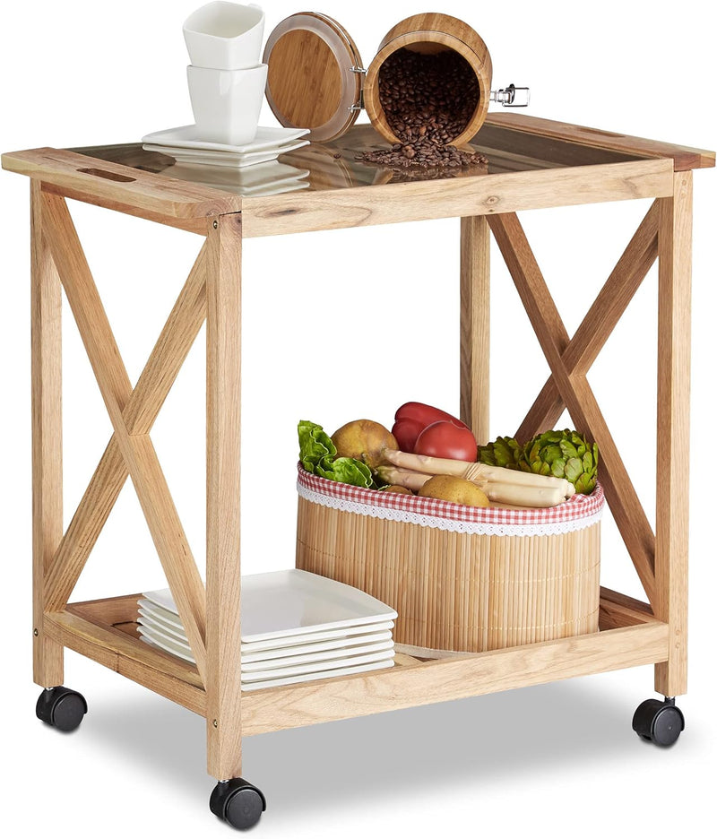 Wooden Kitchen Cart with Wheels Serving Trolley Glass