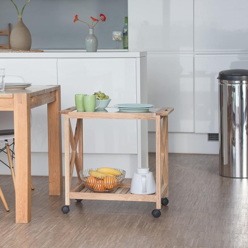 Wooden Kitchen Cart with Wheels Serving Trolley Glass