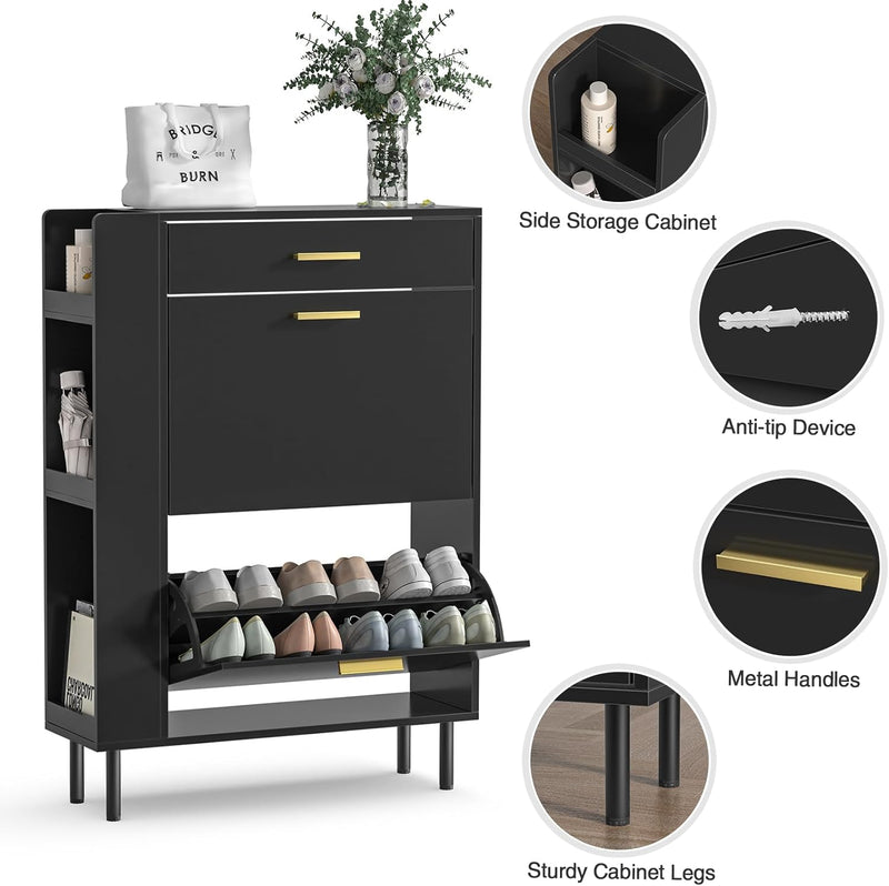 Wooden Shoe Cupboard with 2 Flip Drawers