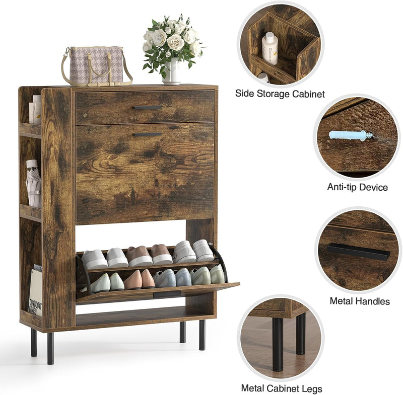 Wooden Shoe Cupboard with 2 Flip Drawers