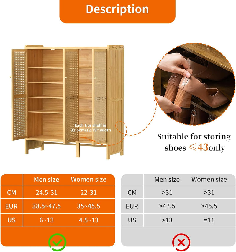 Wooden Shoe Storage Cabinet with Slatted Doors 5 Tier