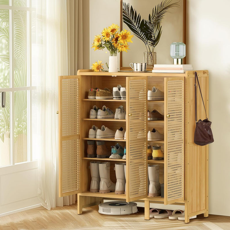 Wooden Shoe Storage Cabinet with Slatted Doors 5 Tier