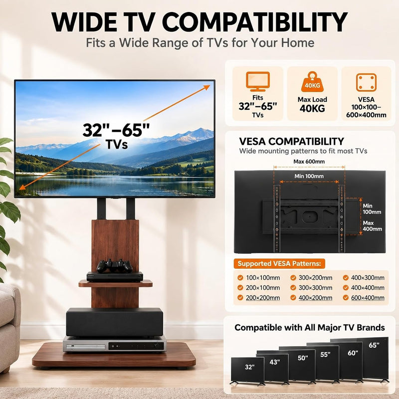 Wooden TV Stand with 2 Shelves for 32–65