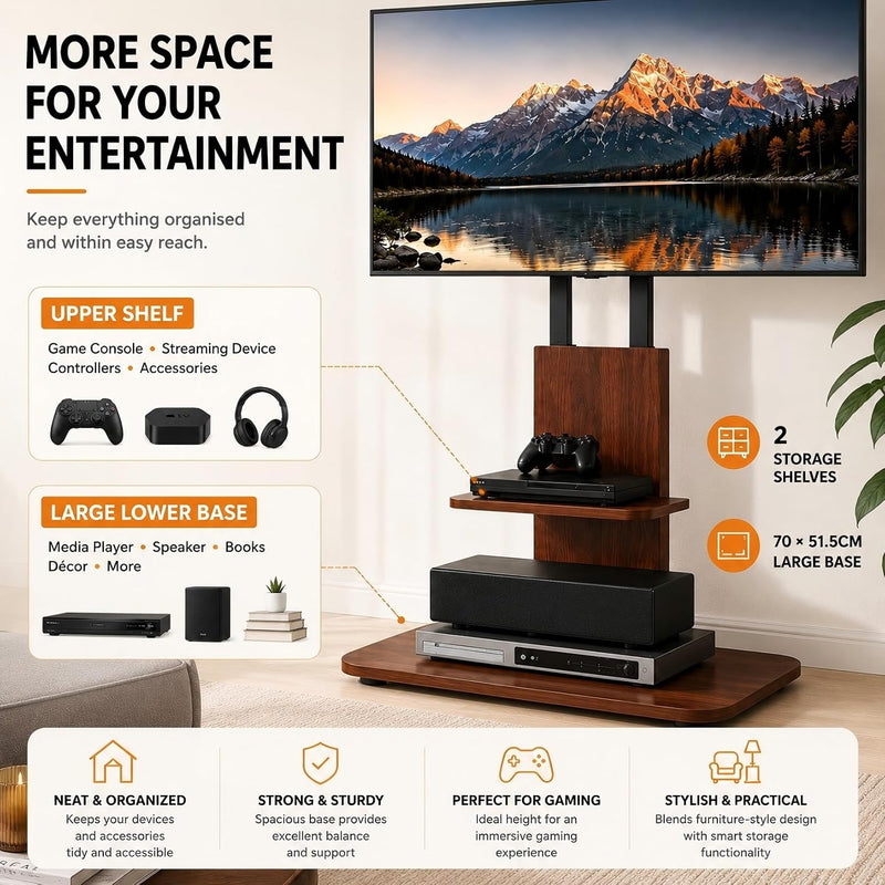 Wooden TV Stand with 2 Shelves for 32–65