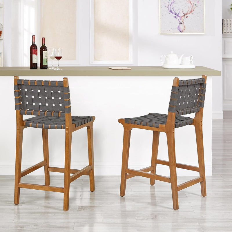 Woven Counter Stool Kitchen Height Barstool Backrest Wooden